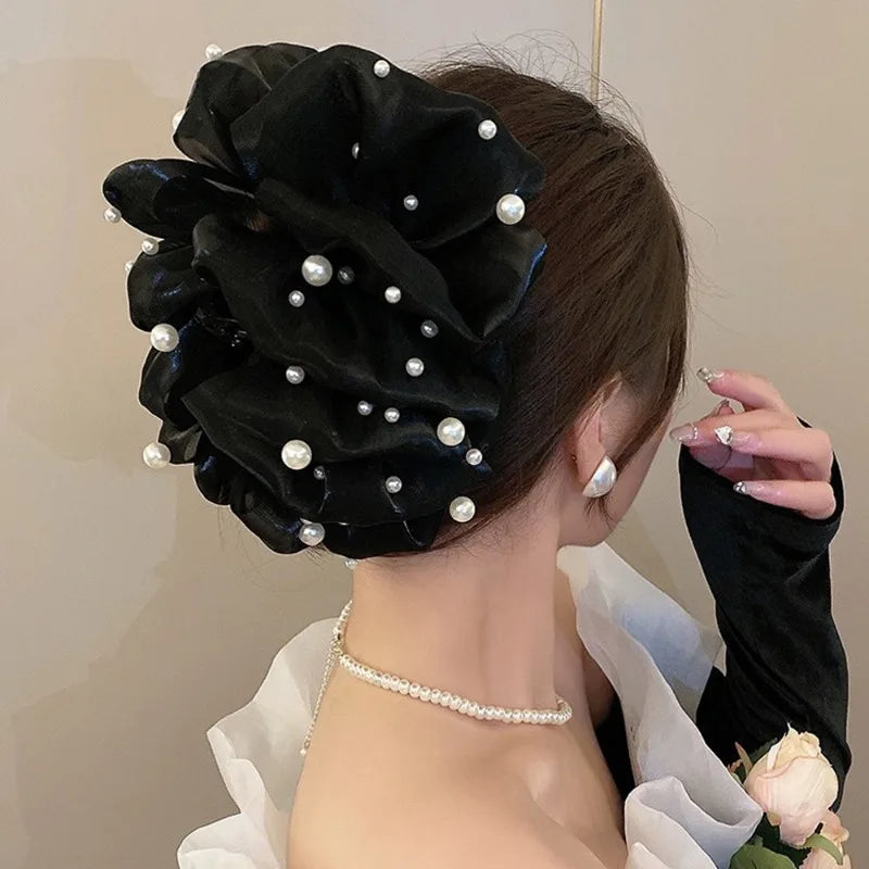 Korean New Bubble Mesh Bow Pearl Grab Clip Oversized Multilayer Ponytail Shark Clip Fashion Luxury Women Hair Accessories