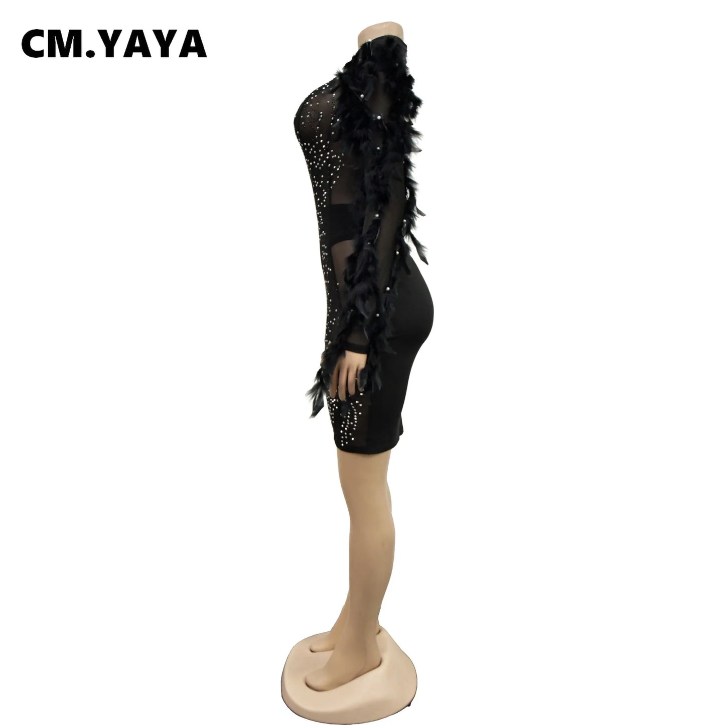 CM.YAYA 2024 Women Long Sleeve Dress Fashion Mesh Hot Drilling Feather O-neck Sexy Party Club Evening Birthday Mini Dresses