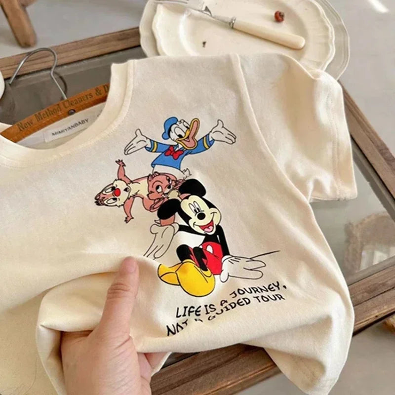 Summer Girls Short Sleeve Tshirt Cartoon Mickey Mouse Donald Duck Children Toddler Cotton Pajama Tops Boys Kids Clothes Outfits