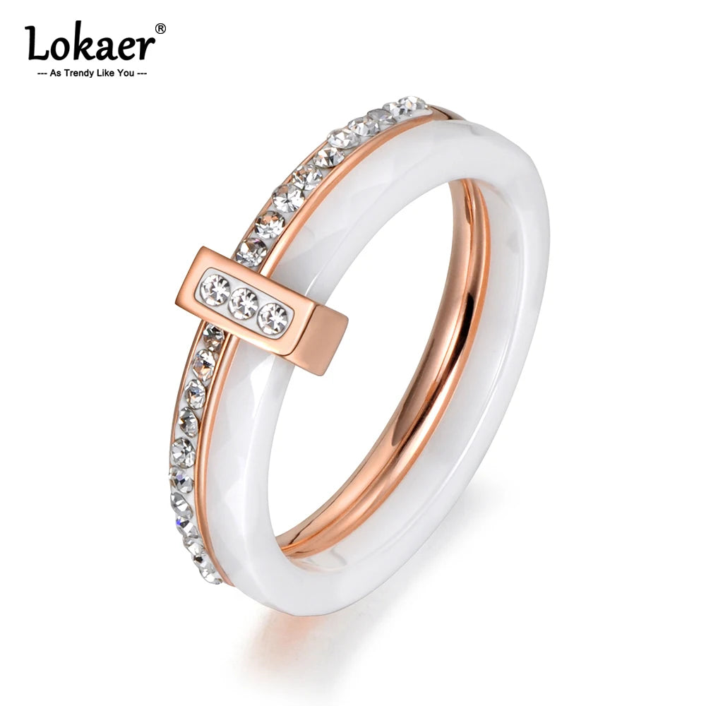 Lokaer 2 Layers Black/White Ceramic Crystal Wedding Rings Jewelry Rose Gold Plated Stainless Steel Rhinestone Engagement R18054