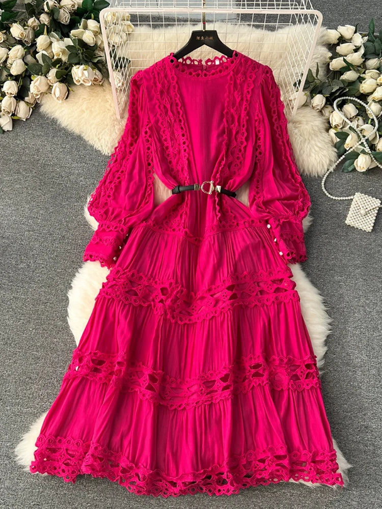 EWQ Hollow Out Lace Patchwork Puff Long Sleeve Solid Color Vestidos Sweet Style Women's Dress Winter Spring 2024 New 27SN5590