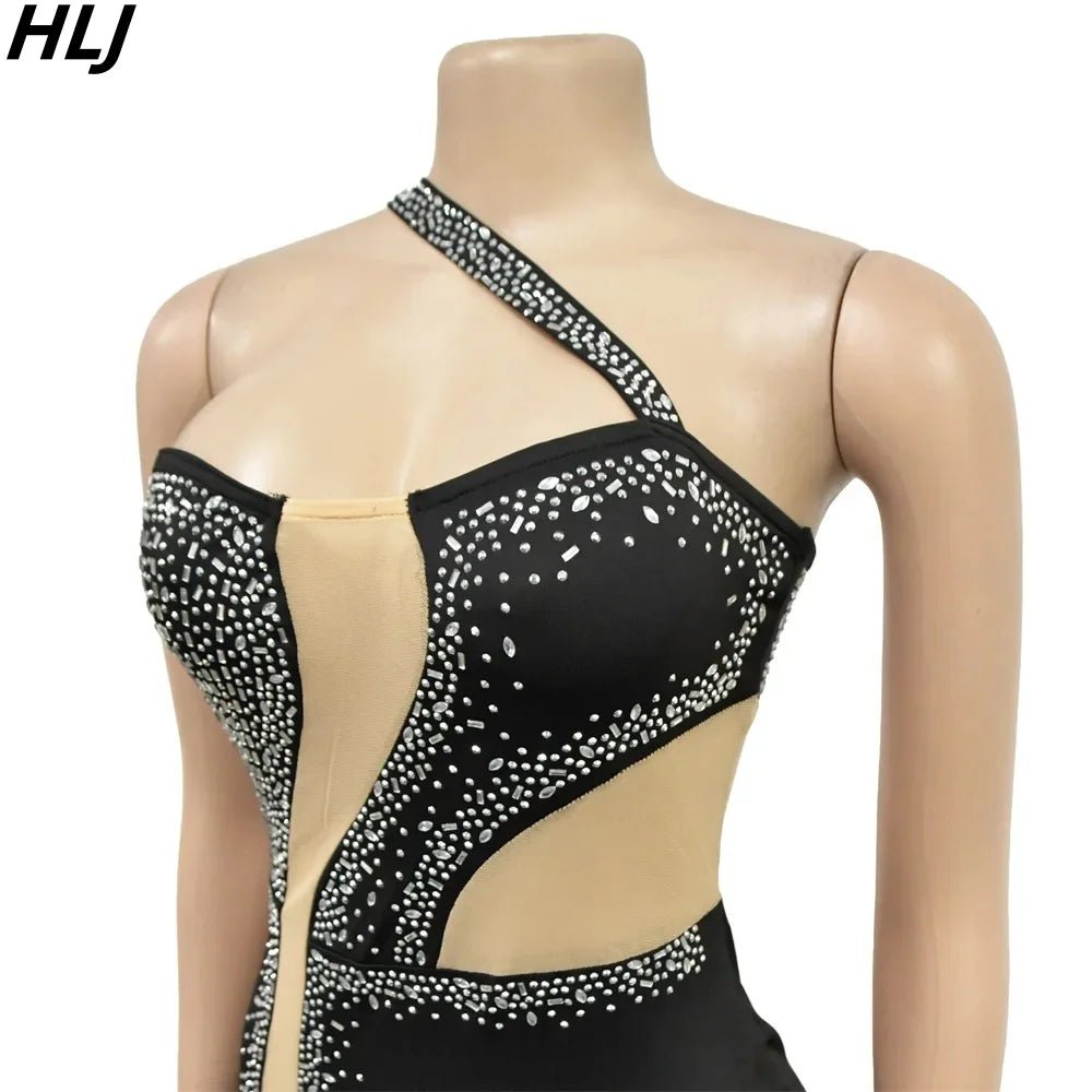 HLJ Sexy Hollow Out Mesh Patchwork Mini Dress Women One Shoulder Sleeveless Party Nightclub Fashion Female Rhinestones Vestidos