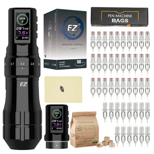 EZ P3 Pro Wireless Battery Tattoo Machine Pen Kits 50pcs EZ Cartridge Tattoo Needles Adjustable Stroke OLED Digital Display