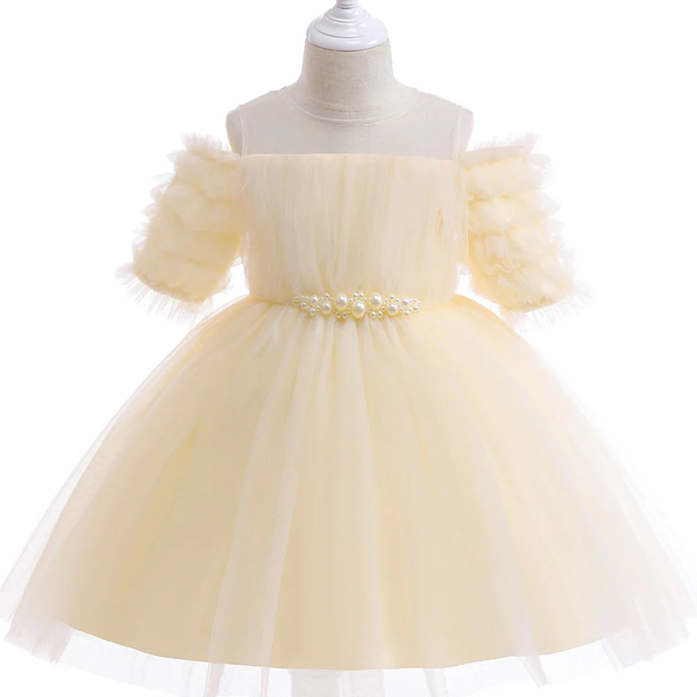 Fluffy Pearl Girls Dress Elegant White Wedding Bridemaid Princess Kids Party Dresses For Girl Birthday Short Sleeve Gown Costume