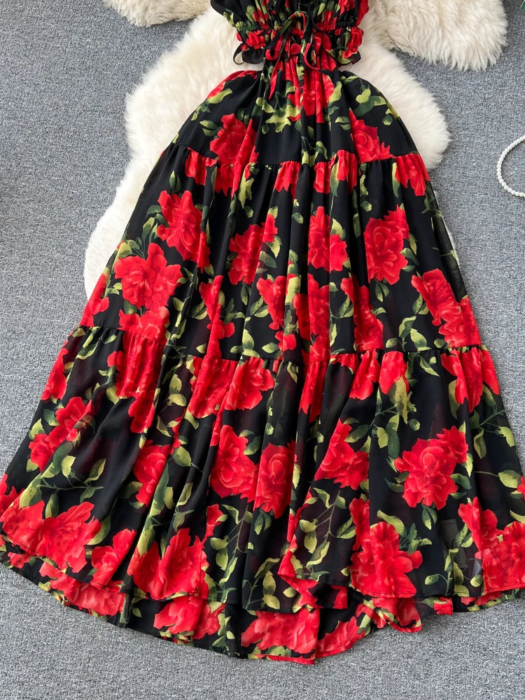 FTLZZ Summer Sexy Women Spaghetti Strap Backless Long Dress Casual Lady Holiday Beach Floral Print Dress Ruffled A-line Dress