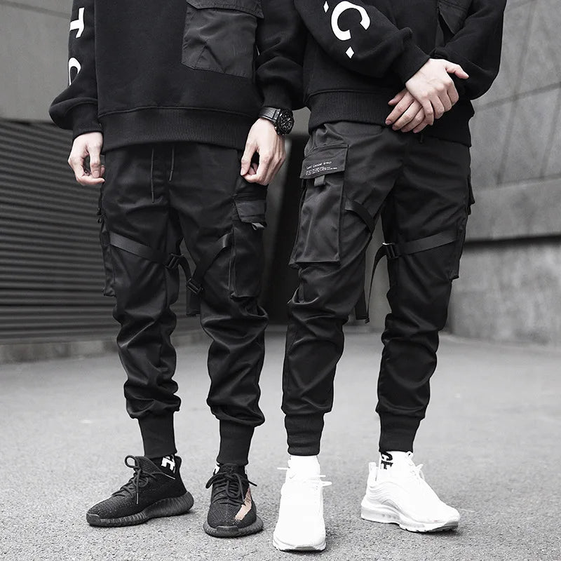 Men's Black Fashion Slim Fit Leisure Tactics Paratrooper Ribbon Cargo Pants Multifunctional Pockets Drawstring Sweat Pants