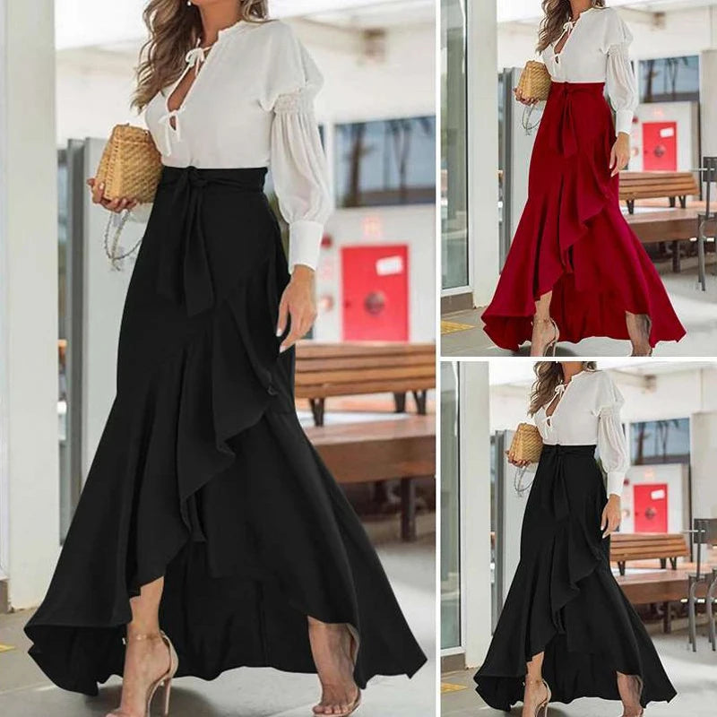 Women High Waist Maxi Skirt High Low Irregular Hem Self-tie Elastic Ruffle Long Skirt Ruffle Women Maxi Skirt Long