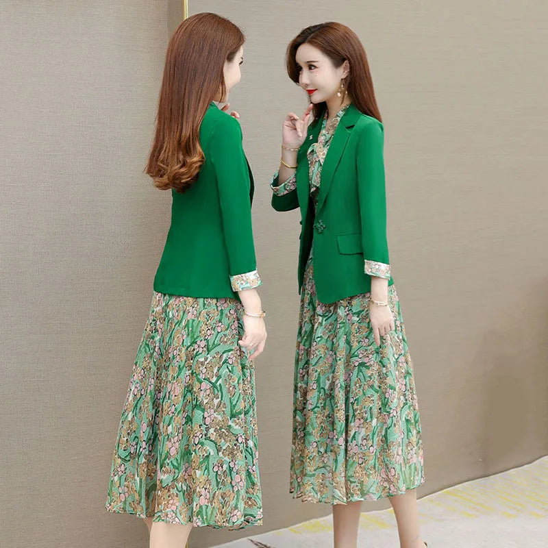 Women 2 Piece Set Elegant Floral Dress Suits Office Lady Korean Thin Unlined Blazer And Sleeveless Print Dresses Casual Outfits