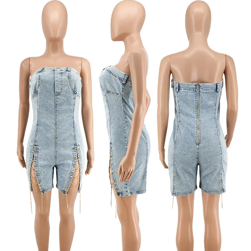 Denim Bandage Women Playsuit Off Shoulder Skinny Jeans Rompers 2023 Summer Sexy Back Zipper Fly Night Club Party Short Jumpsuits