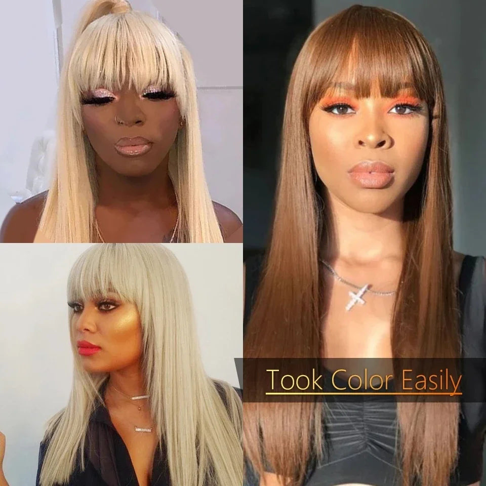 Remy Human Hair 613 Honey Blonde Wig With Bangs for Women Long Straight Full Machine Made Glueless Fringe 30 Inch ZWJSH