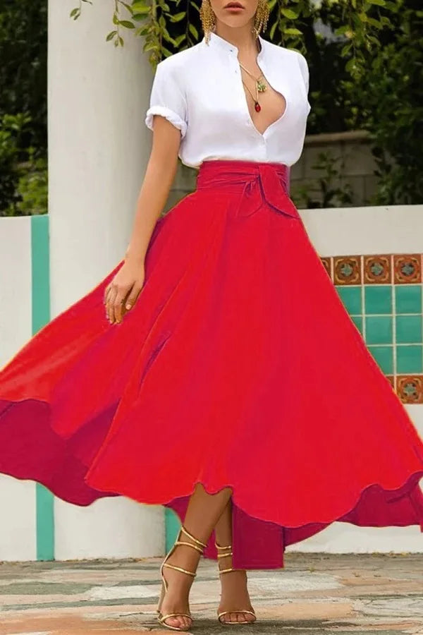 2020 women's clothing solid color big hem belt skirt