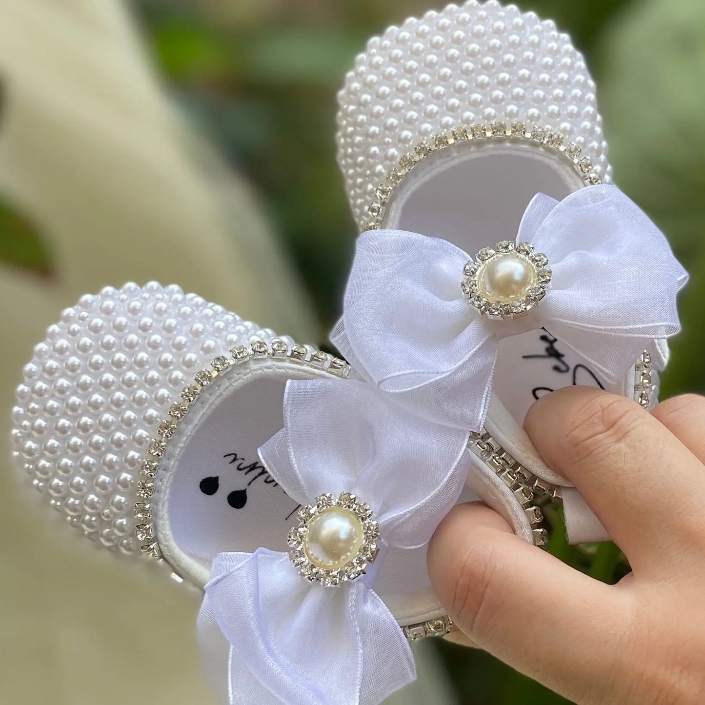 Dollbling Handmade White Pearls Bling Rhinestone Baby Crib Shoes Christening Outfit Wedding Sparkle Organza Baptism 0-3m Shoes