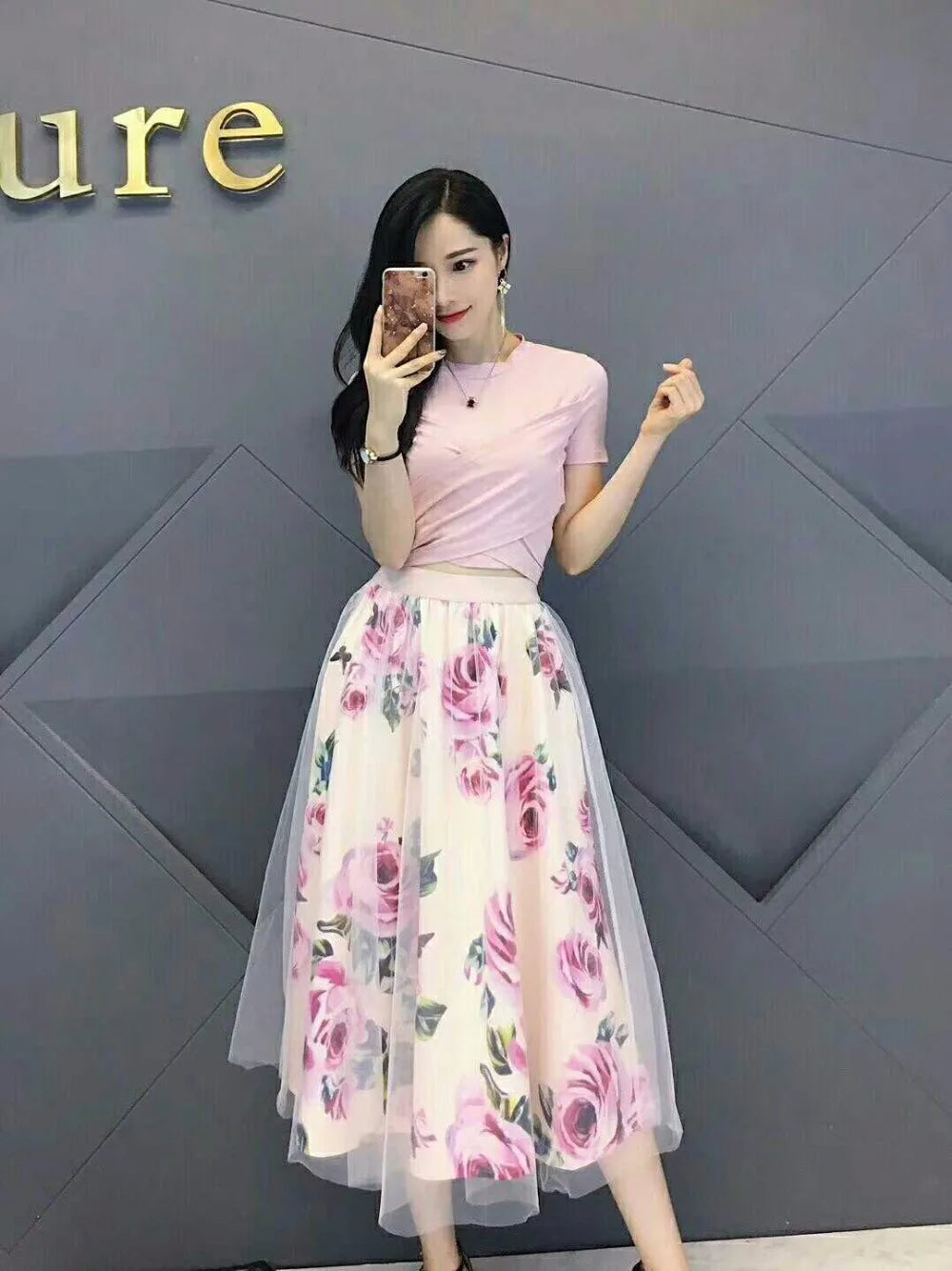 Women's Irregular T-shirt + Mesh Skirt Set Bowknot Solid Color Top Retro Floral Skirt Set