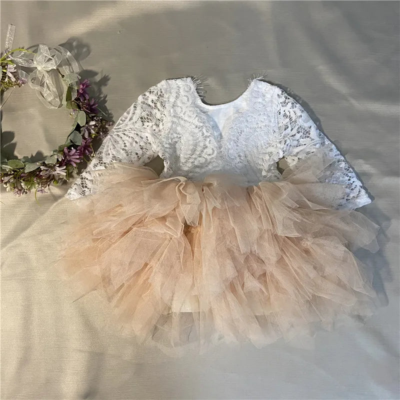 Toddler Girl Ruffles Bridesmaid Dress for Kids Lace Open Back Long Sleeve Tutus Flowers Girls Wedding Costume Clothing