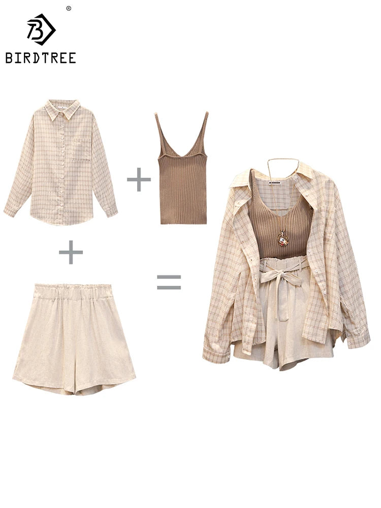 Summer Women Three Piece Sets Casual Linen Plaid Long Sleeve Tops + Elastic Waist Belt Wide Leg Shorts Vest Suits S26801J