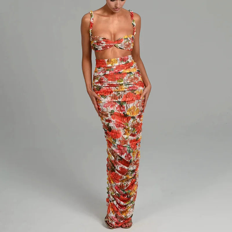 Floral Print Maxi Dress Sets Sexy Chic Outfits for Women Summer Ladies New Two Piece Skirt Set Women