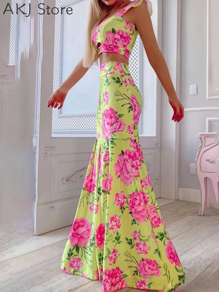 Women Sexy Floral Print Crop Top & High Waist Ruched Skirt Set