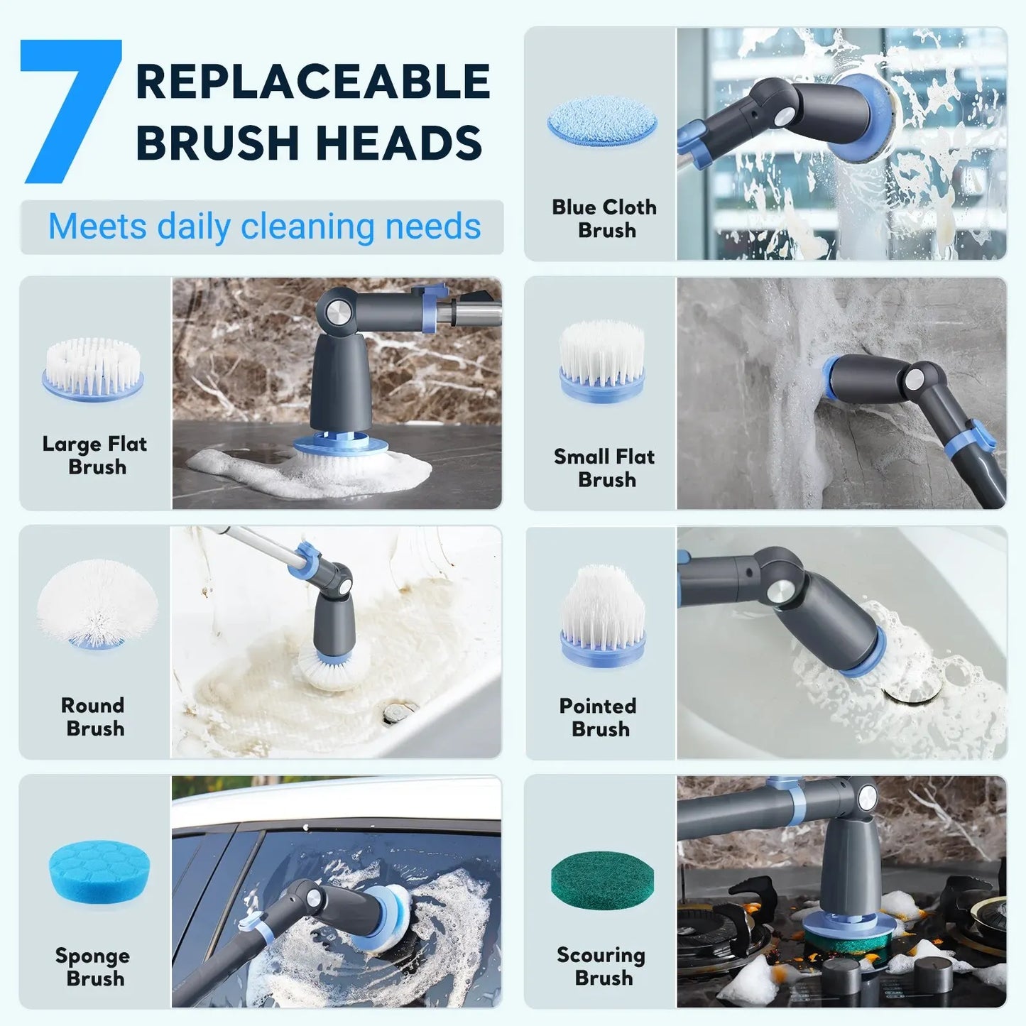 Multifunctional Electric Cleaning Brush Cordless Handheld Shower Scrubber Spin Cleaner with 7PCS Heads Bathroom Kitchen Tool