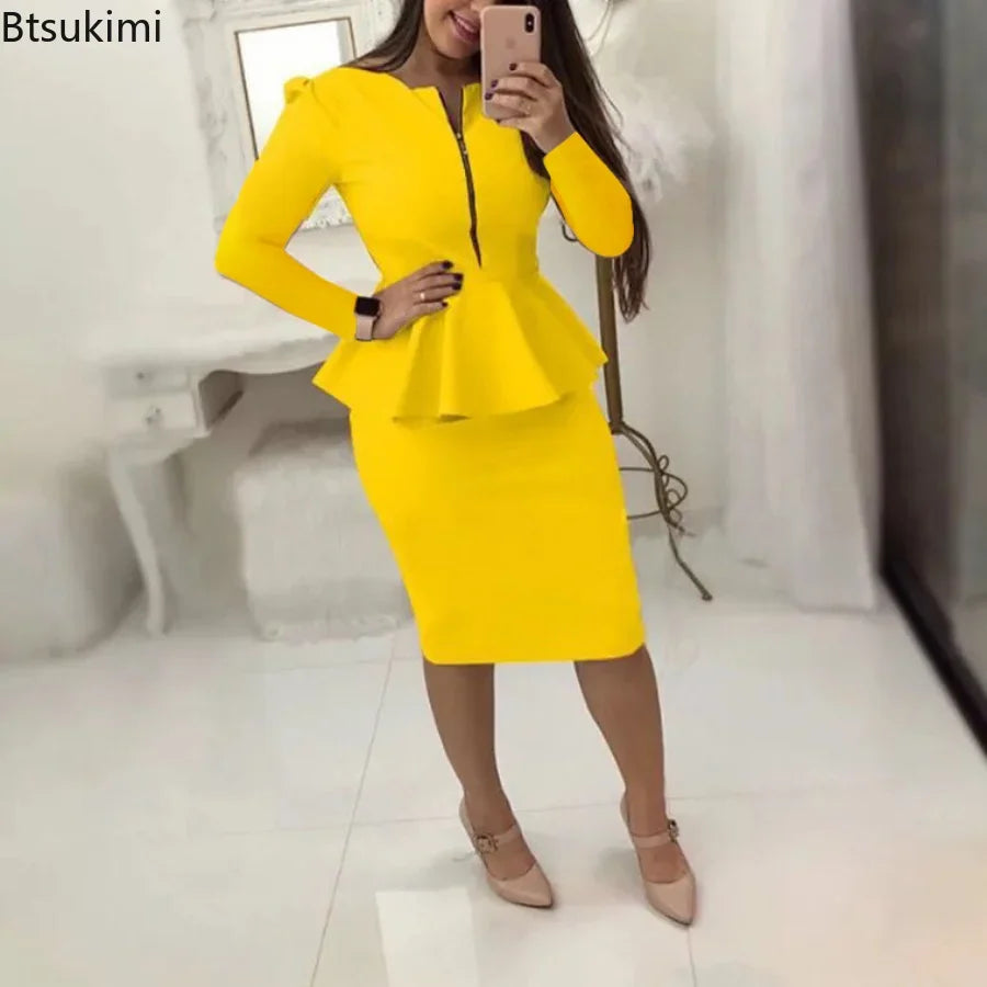 2024 Women's Formal Office Skirt Sets Solid Zipper V-neck Pencil Knee-Length Business OL Skrit Sets Female Two Pieces Dress Sets