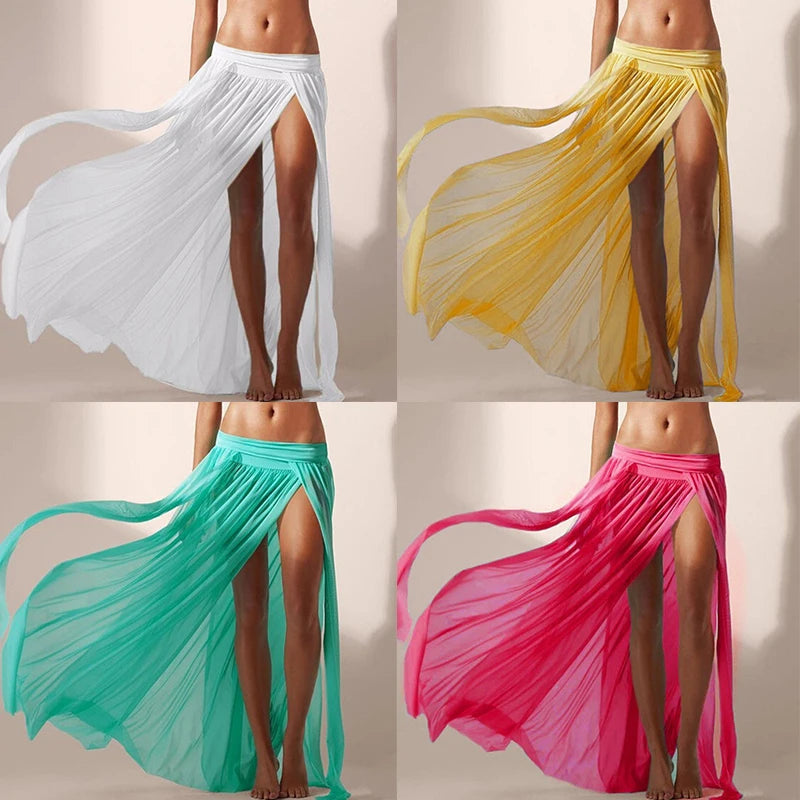 Summer Beach Bikini Cover Ups Wrap Mesh Skirt for Women Solid Colors Elastic Side Split Maxi Skirts Bathing Suit Sexy dress