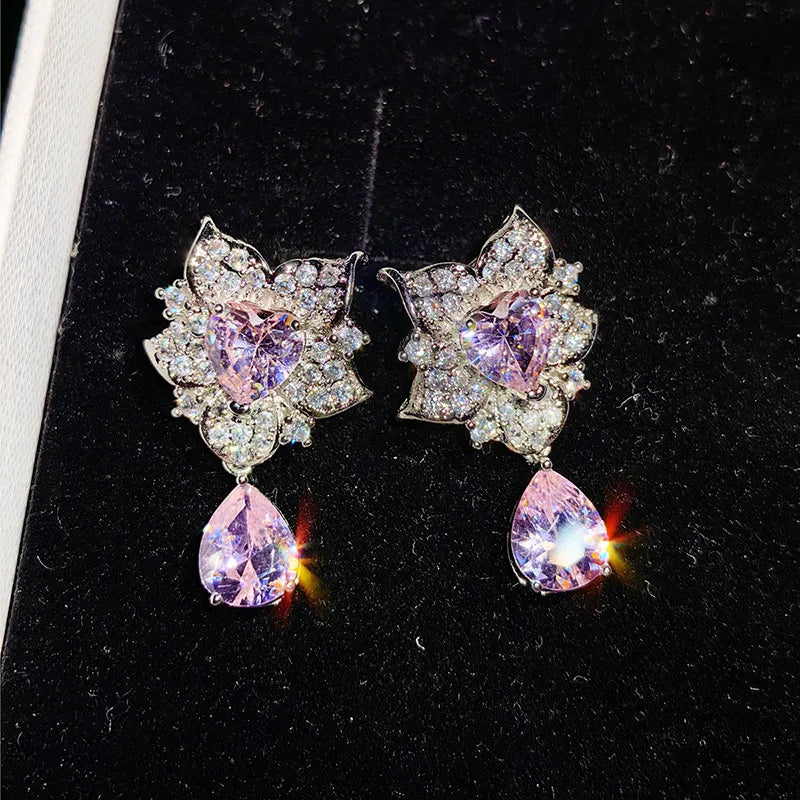 New Fashion Women Colorful Flower Zircon Necklaces White Gold Color Necklace Drop Earrings For Women Anniversary Gifts Jewelry