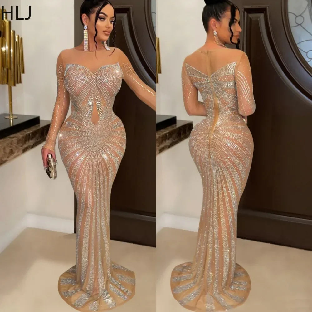 HLJ Fashion Luxury Rhinestone Mesh Perspective Evening Party Dresses Women Round Neck Long Sleeve Patchwork Floor Dress Vestidos