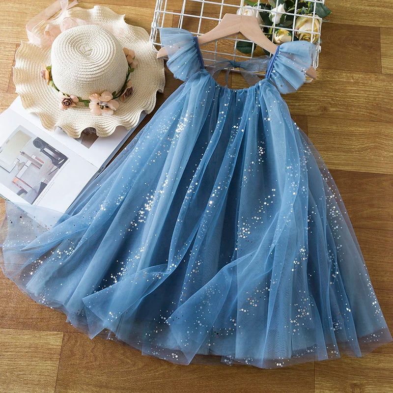 Dress for Girl 3-8 Yrs Summer Suspender Sequin New Birthday Princess Dress Ruffles Elegant Children Vacation Casual Vestidos