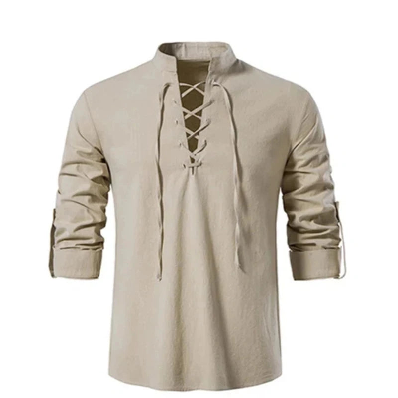 2022 New Men's V-neck shirt T-shirt Fashion  Long Sleeve Top men Casual Breathable  Front Lace Up man Shirts