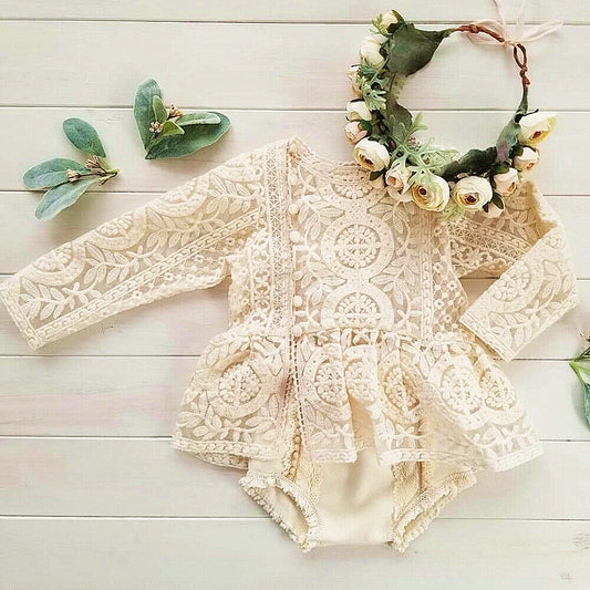 2019 Summer Newborn Baby Girl Clothes Sleeveless Solid Color White Lace Flower Ruffle Romper One-piece Outfit Sunsuit