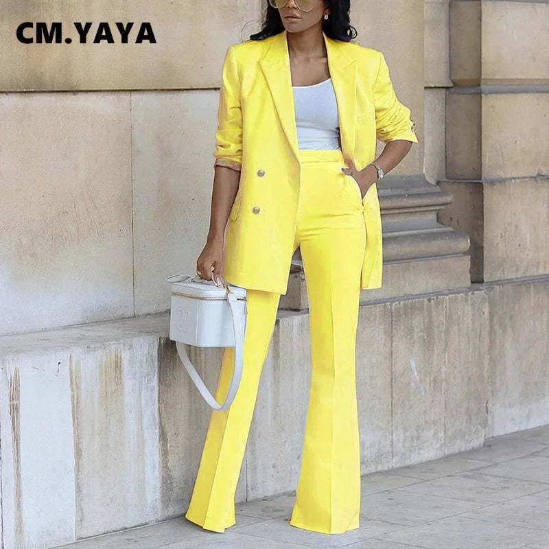 CM.YAYA Basic Elegant Women's Tracksuit Double Breasted Blazers and Straight Flare Pants Suit Matching Two 2 Piece Set Outfits