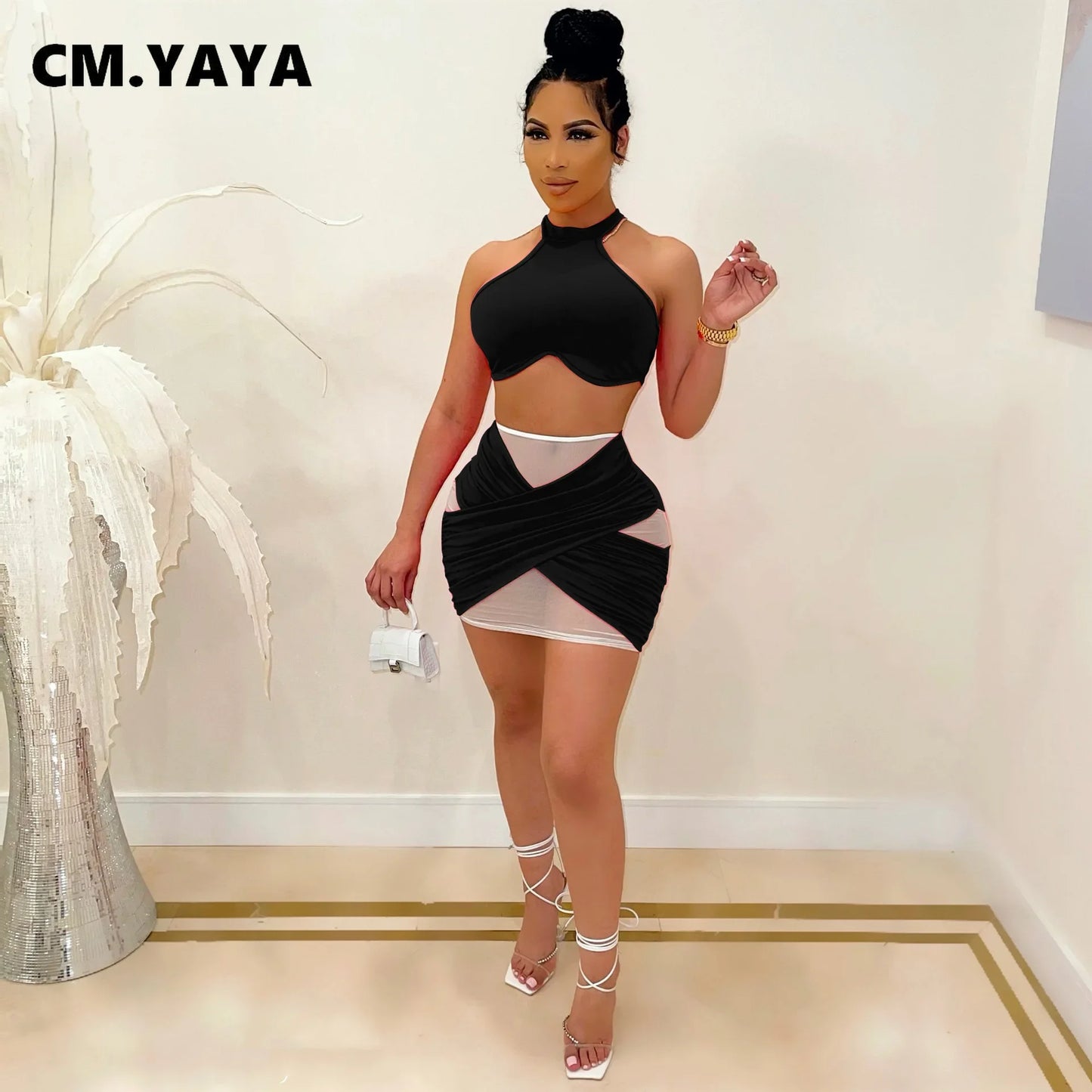 CM.YAYA Summer Mesh Partchwork Women's Set Crop Tops and Midi Mini Skirts Set Matching Two 2 Piece Set Tracksuit