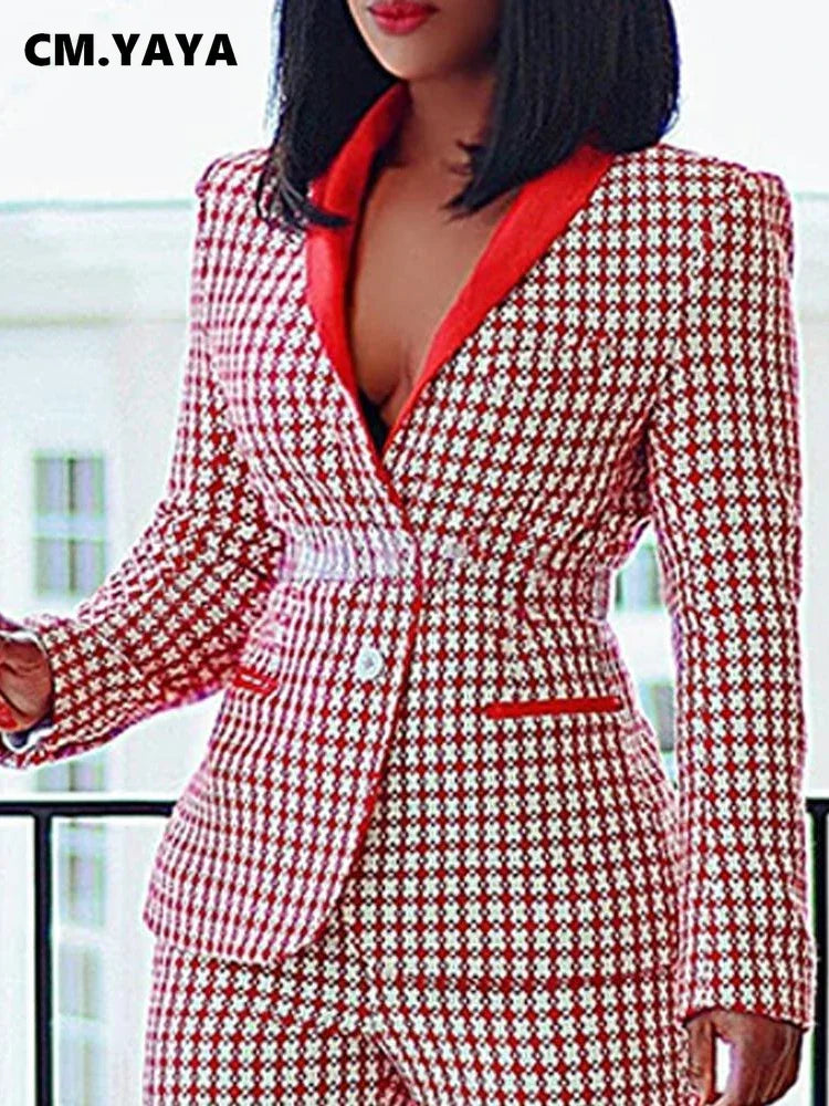 CM.YAYA Elegant Houndstooth Blazer Suit and Pants Two 2Piece Set for Women 2023 Autumn Winter Classic OL Street Outfit Tracksuit