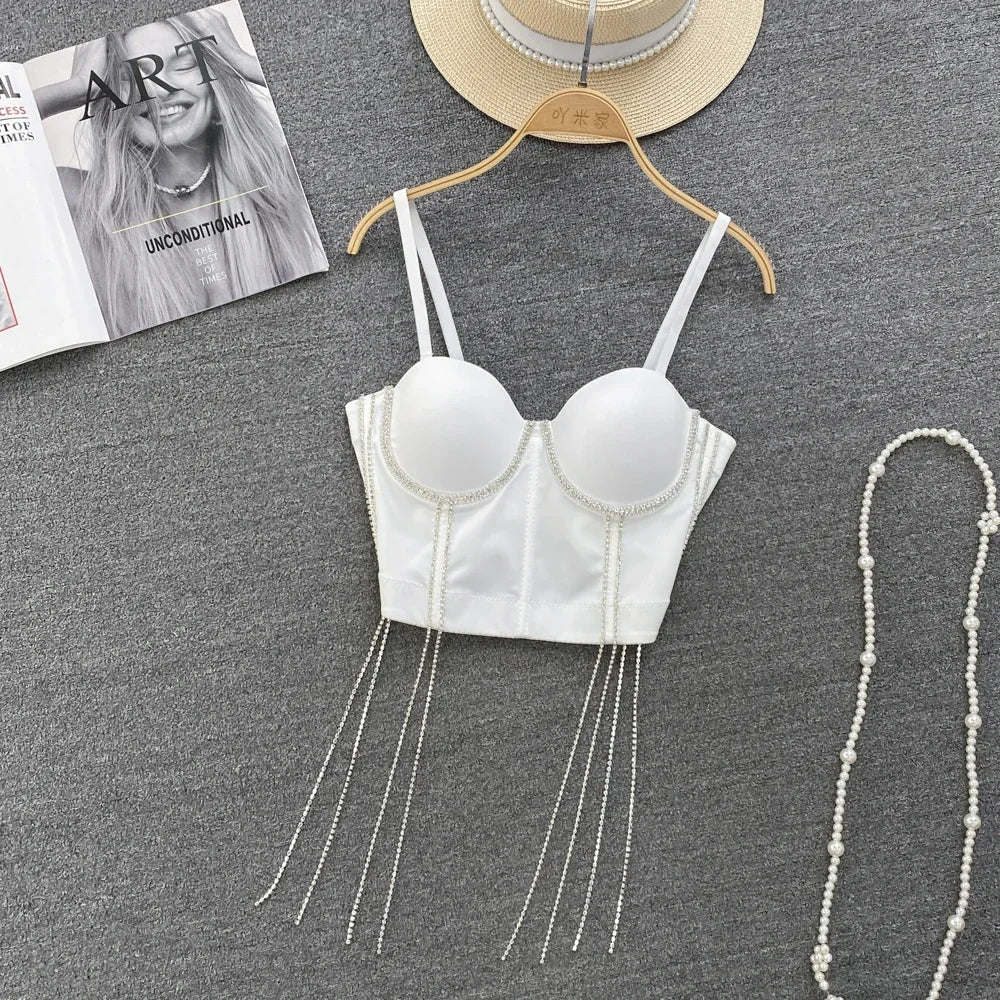 Women Chic Tassels  Pads Rhinestone Basic  Corset Straps Camis Slim  Hot Sexy Fashion Bare NavelBackless Tops Women Crop Top