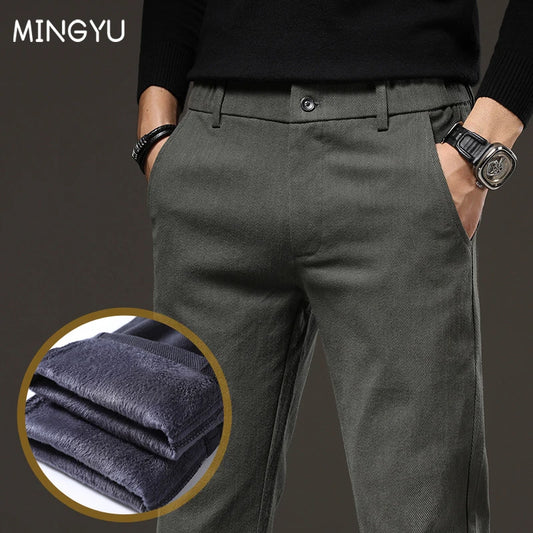 Mingyu Brand Winter Men's Warm Fleece Casual Pants Elastic Waist Classic Fashion Black Grey Slim Thick Army Green Cargo Trousers