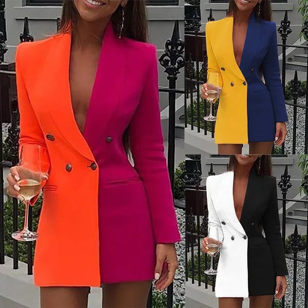 Women Blazer Elegant Office Lady Suit Thin Spring V-neck Female Long Sleeve New Patchwork Slim OL Double Breasted Dress Coat