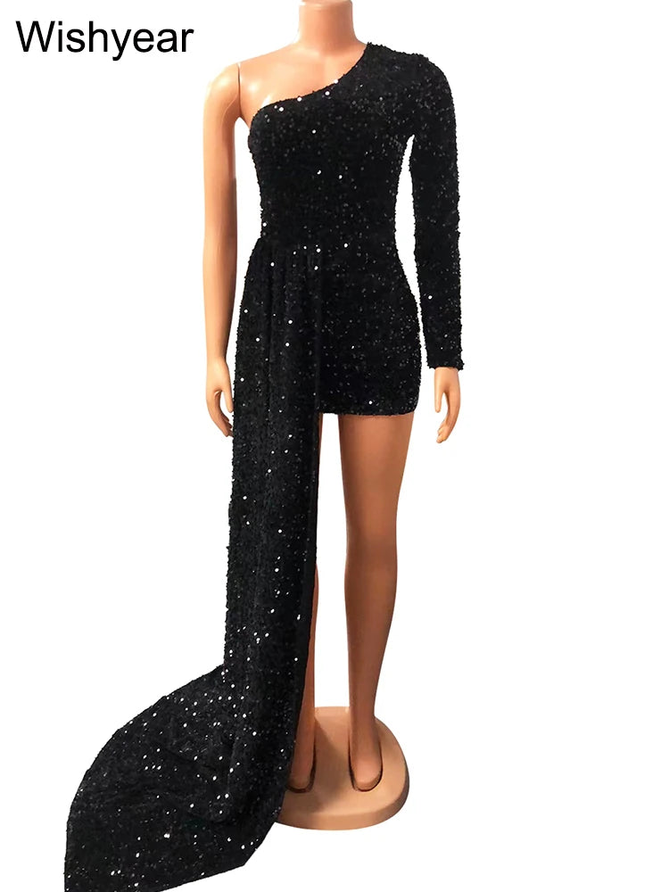 Elegant Autumn Sequined One Shoulder Long Sleeve Birthday Bodycon Mini Dress Women's Outfits Party Club Sexy Festivals Vestidos