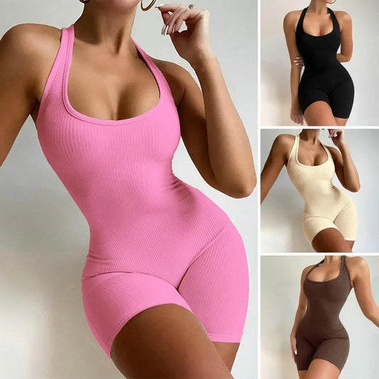 Sport Jumpsuit U-Neck Sleeveless Women Jumpsuit Ribbed Yoga Jumpsuit High Elastic Bodycon Jumpsuit Activity Streetwear