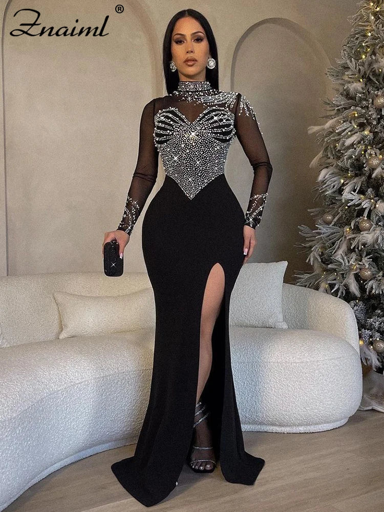 Znaiml Elegant Wedding Even Mesh See Through Patchwork Long Dress Woman Diamonds Rhinestone Mermaid Prom Formal Birthday Luxury