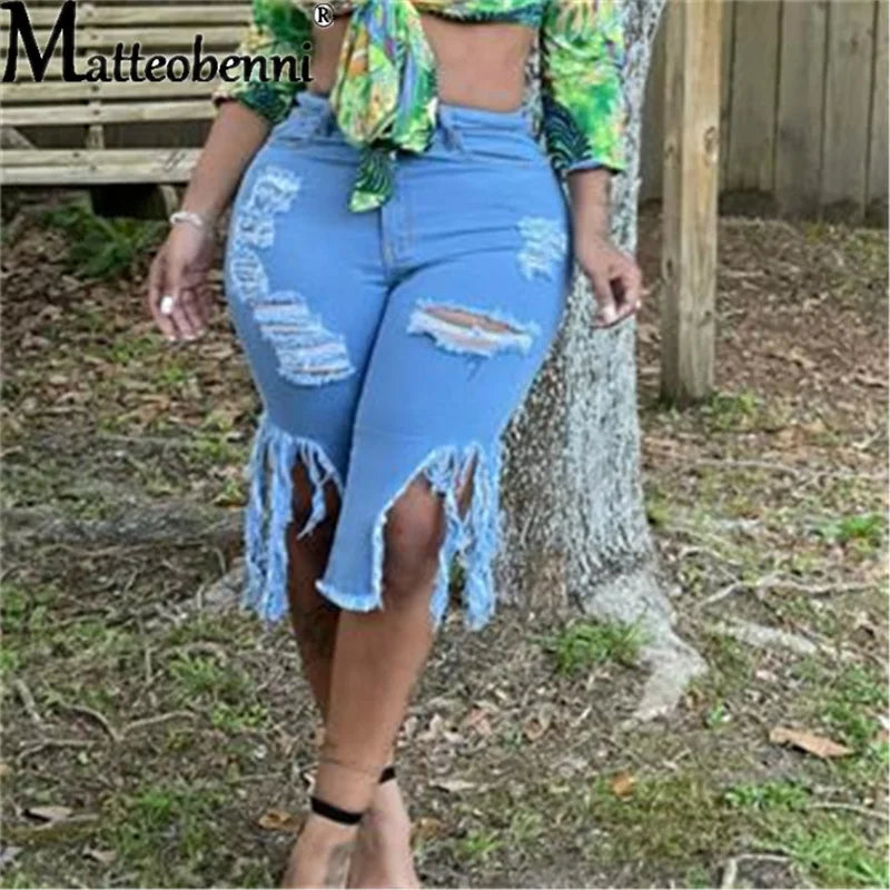 2024 Summer Bermuda Shorts Women Ripped Cotton Knee Length High Waist Casual Denim Shorts Ladies Blue Sexy Straight Jean Shorts