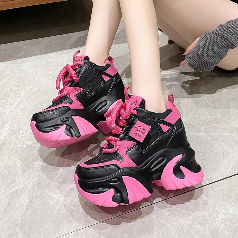 Women High Platform Casual Leather Shoes 2023 New Autumn Lace-up Chunky Sneakers 10CM Wedges Hidden Heels Leisure Shoes Woman