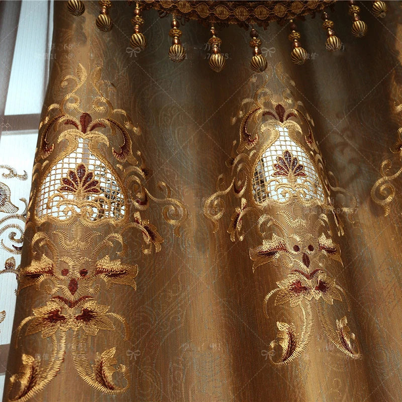 Coffee Dark Gold Brown Embroidery Hollow Out Design Window Screen Curtains for Living Room Bedroom Villa Custom Home Decoration