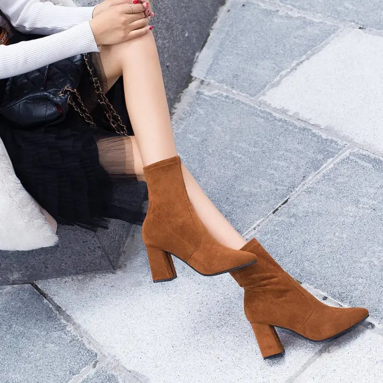 Black Brown Flock Thick Heel Ankle Boots Women Winter Shoes Nice Elegant High Heel Pointed Toe Keep Warm Short Booties Ladies