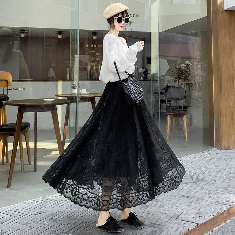 Skirts Women Classic Vintage Ins Fashion Lovely Girls Summer Lace Empire College Temperament Feminino All-match High Waist Newly