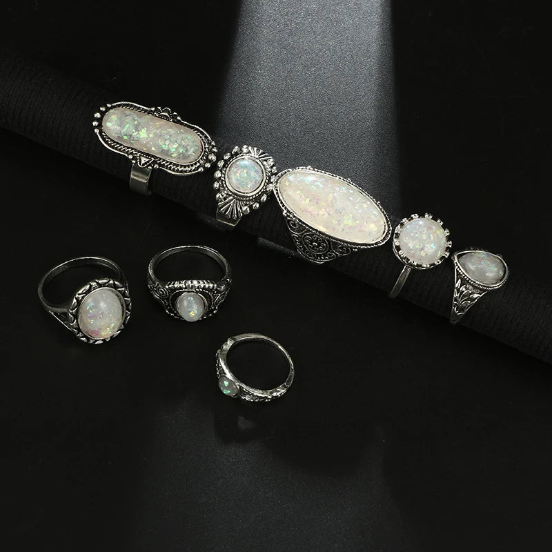 Tocona-set of vintage rings, silver colour, coloured OPAL, carved stone, Bohemian jewels for women and men