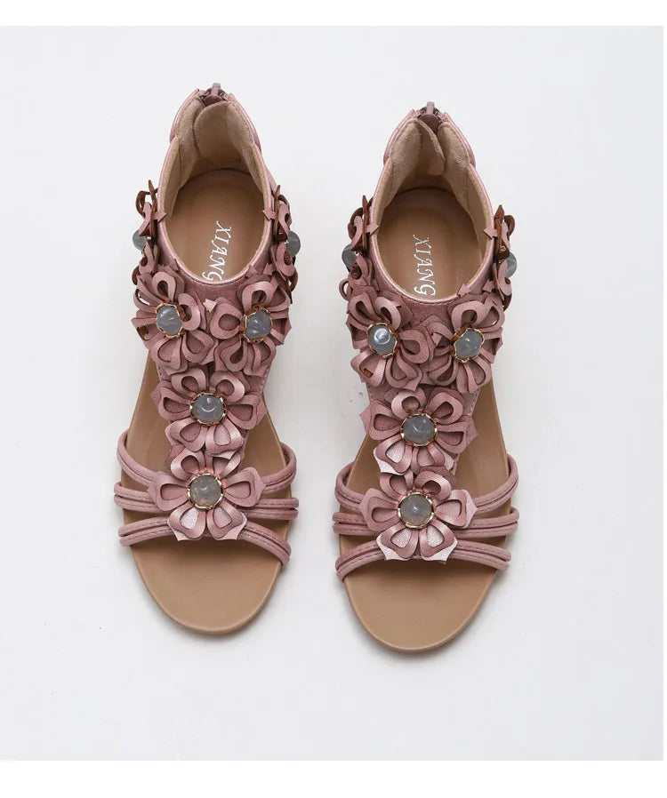 1418-510 Ethnic Retro Sandals For Women New Summer Seaside Resort Flowers Bohemia Slope Heel Caligae Shoes