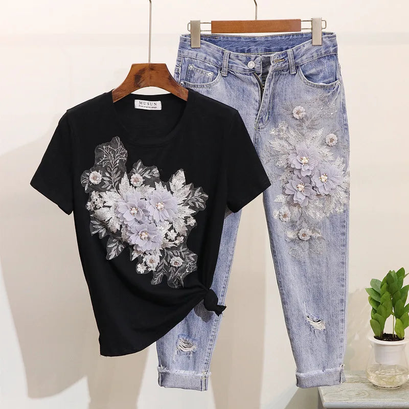 Neploe  Fashion 2 Piece Set Women Korean Jeans Suit Beading Embroidery Tshirt Tops + High Waist Hole Pants Sets Casual Outfits