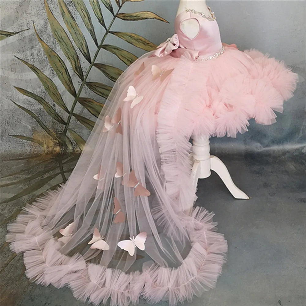 Baby Girls Dress For Flower Butterfly Vestidos Wedding Party Kids Dresses for Girls Pearls Tulle Evening Formal Dress For Brides