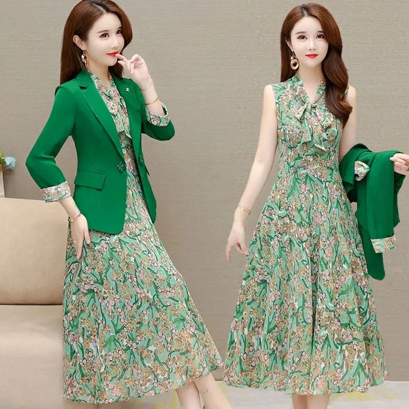 Women 2 Piece Set Elegant Floral Dress Suits Office Lady Korean Thin Unlined Blazer And Sleeveless Print Dresses Casual Outfits