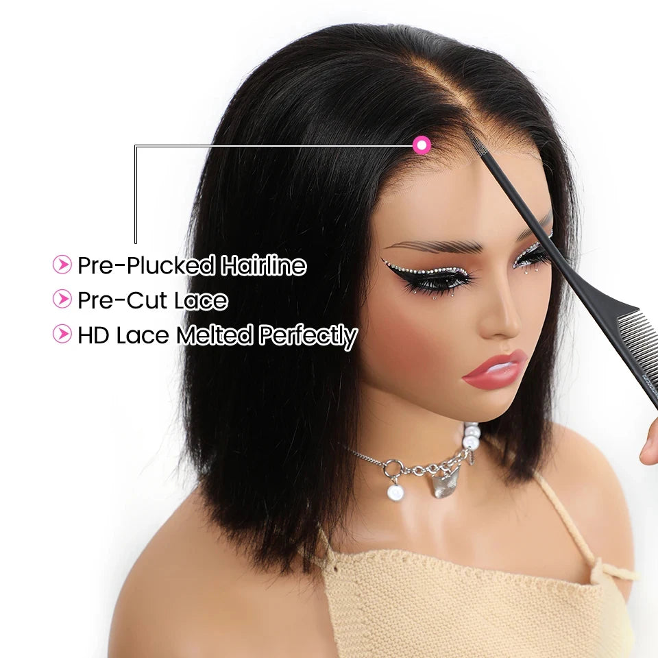 Wear And Go Glueless Human Hair Wig Bob HD Lace Straight Short Bob Lace Closure Pre Plucked Human Wigs Pre Cut Lace Ready To Go