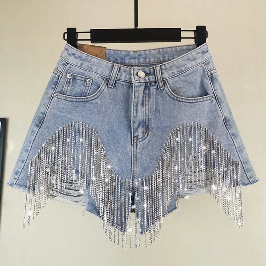 Summer Ripped Jeans Short Femme High Waist Diamond Tassel Y2k Casual Bottoms For Ladies Denim Shorts Women Clothing Fashion